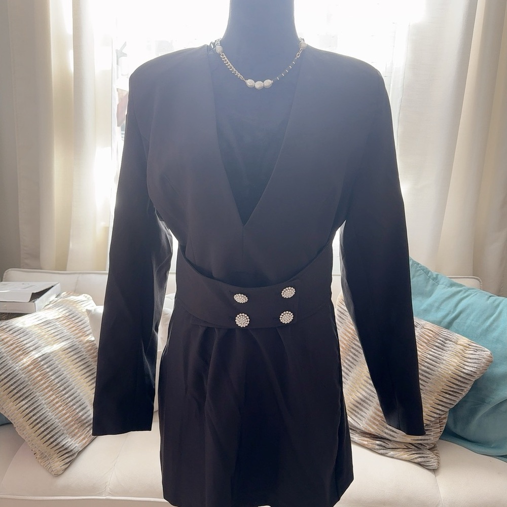 Elegant Black Blazer Dress with Pearl Buttons